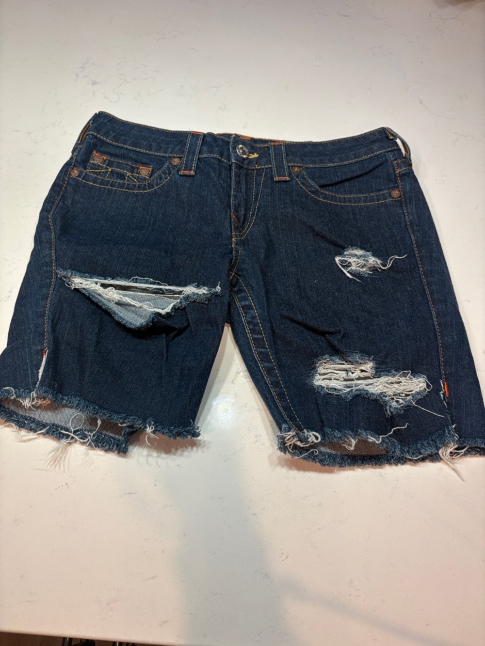 True Religion Dark Blue Distressed Denim Shorts